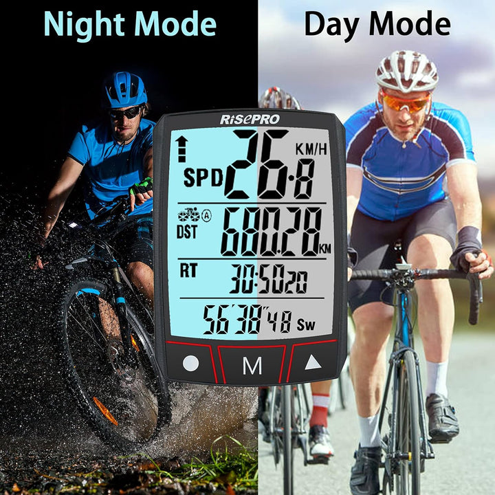 RISEPRO Fahrradcomputer, kabellos, wasserdicht, multifunktional, mit LCD-Display mit Hintergrundbele