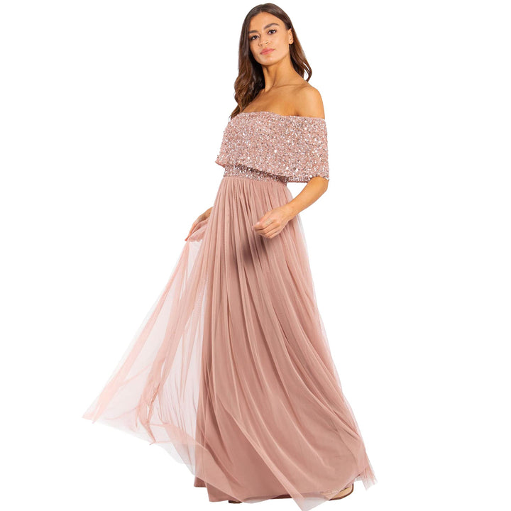 Maya Deluxe Abendkleid Damen Brautjungfernkleid Bardot Paillettenverzierung Abendkleid Elegant für H