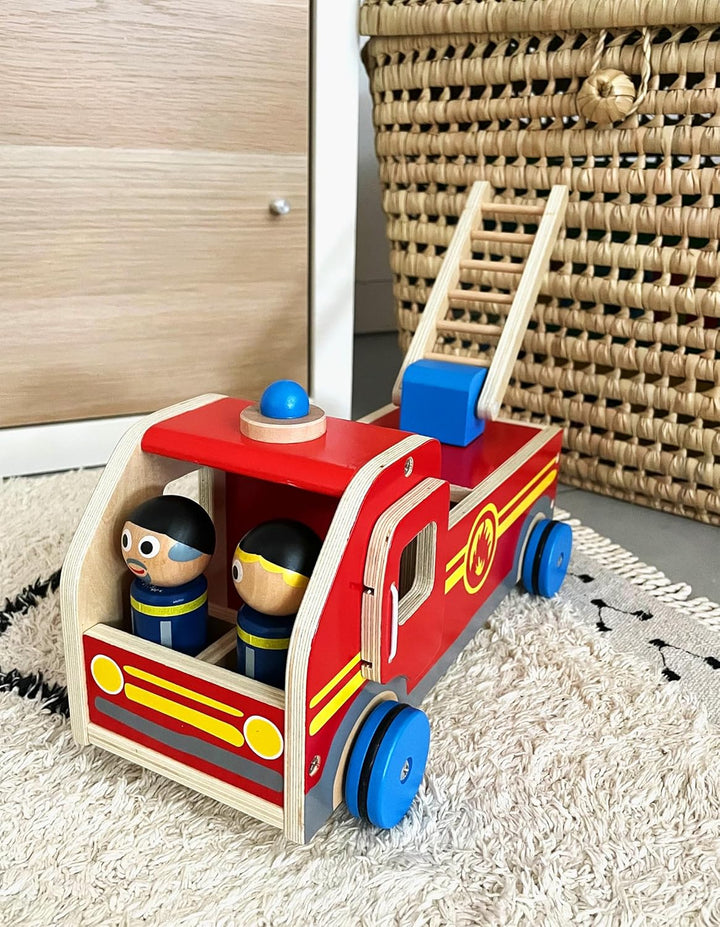 small foot Grosses Feuerwehrauto aus Holz, mit Spielfiguren und bewegbarer Rettungsleiter, ab 3 Jahr