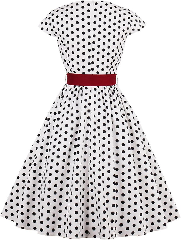AXOE Damen Vintage Kleid 50er Jahre Baumwolle Gürtel S Weiss, S Weiss