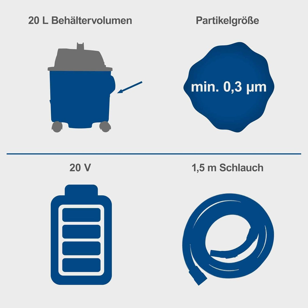 Scheppach Akku Nass-Trockensauger C-NTS20-X | Saugleistung 10kPa | Behälter 20L | Schlauch 1,5m | Te