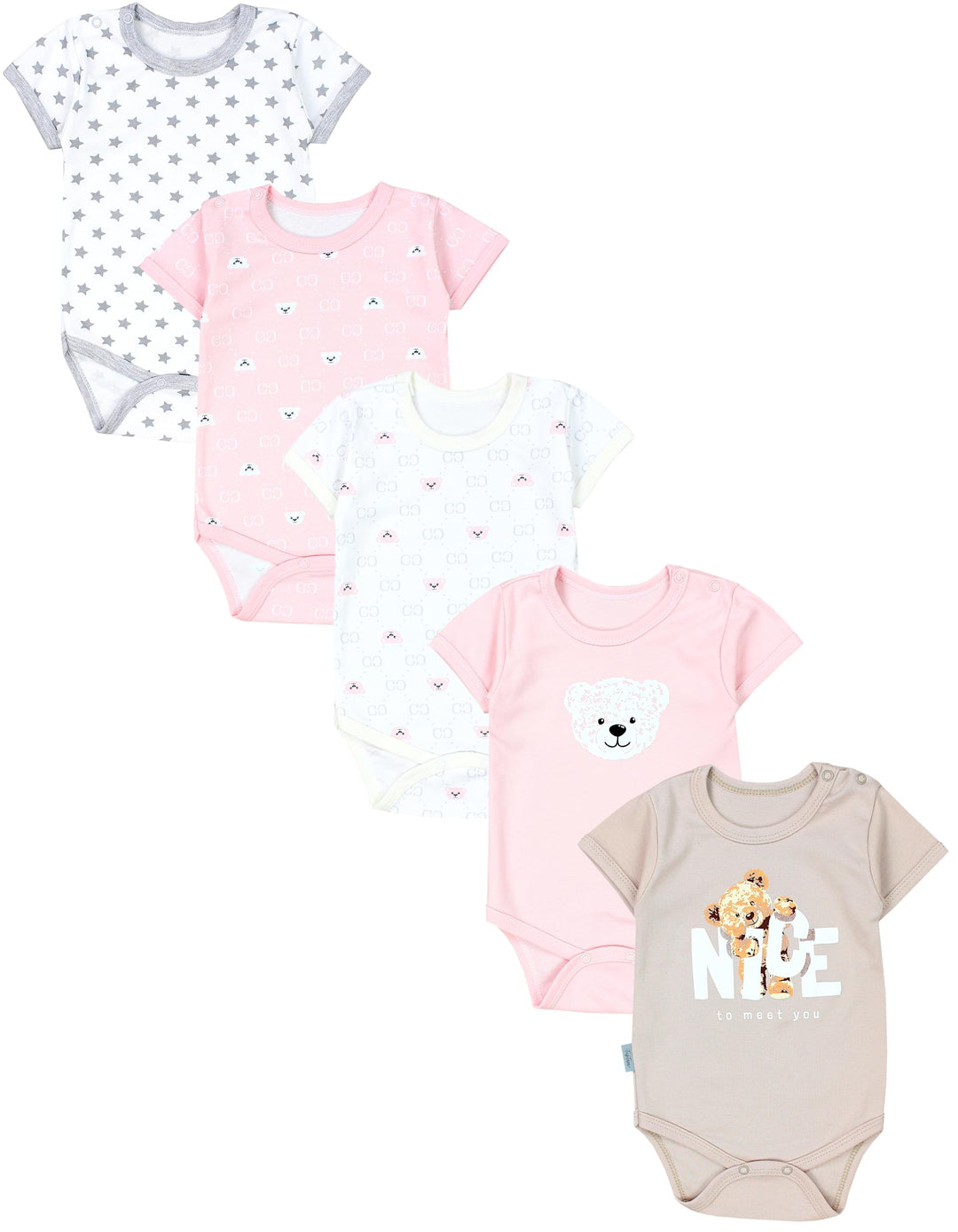TupTam Mädchen Baby Body Kurzarm in Unifarben - 5er Pack 86 Bärchen Rosa Weiss Sterne Grau Nice Tedd