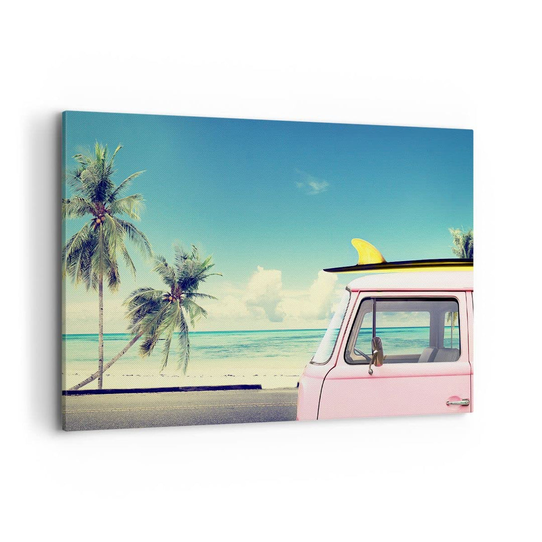 Bilder auf Leinwand 100x70cm Leinwandbild Auto Surfbrett Strand Ozean Gross Wanddeko Bild Schlafzimm