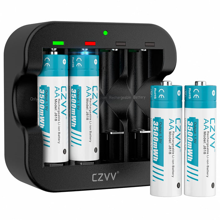 czvv Wiederaufladbare Batterien AA Lithium 1,5V - Hoher Kapazität 3500mWh - 1300 Ladezyklen - 4 Stüc
