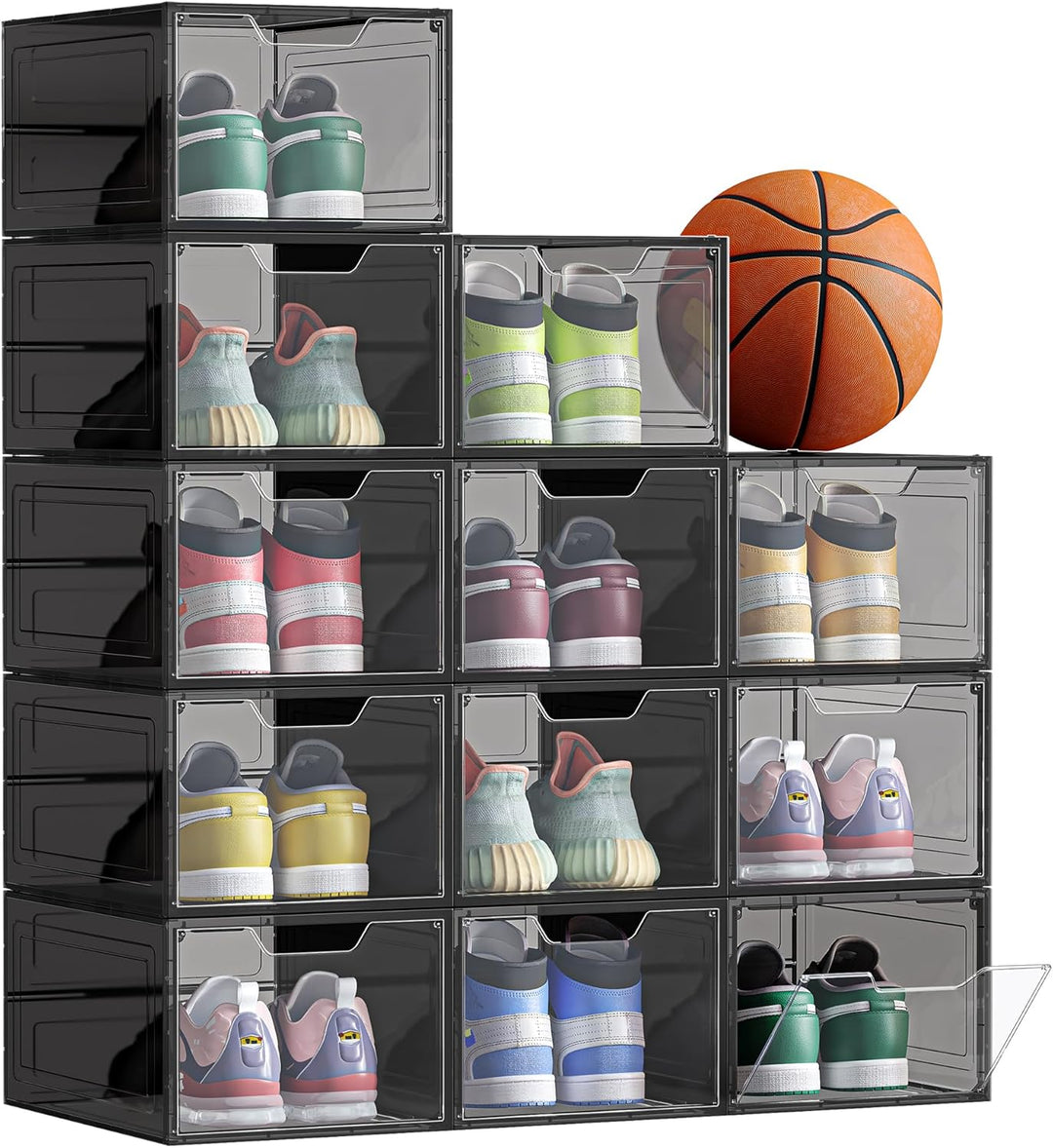 SONGMICS Schuhboxen, Schuh-Organizer aus Kunststoff, mit Tür, durchsichtig, Kunststoffboxen, 12er Se