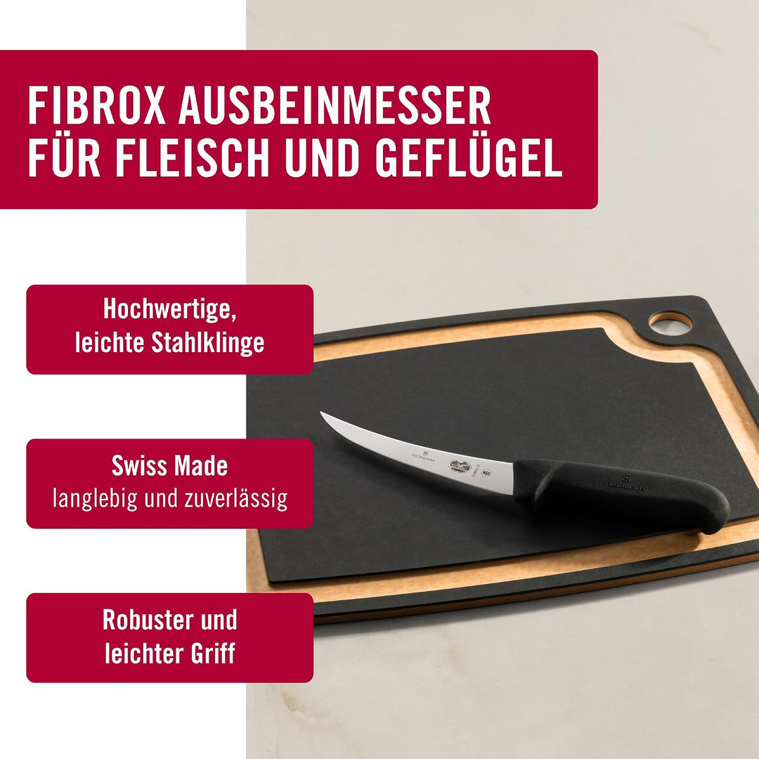 Victorinox Fibrox Ausbeinmesser, Scharfes Küchenmesser für Fleisch und Fisch, 12 cm, Gebogene Klinge