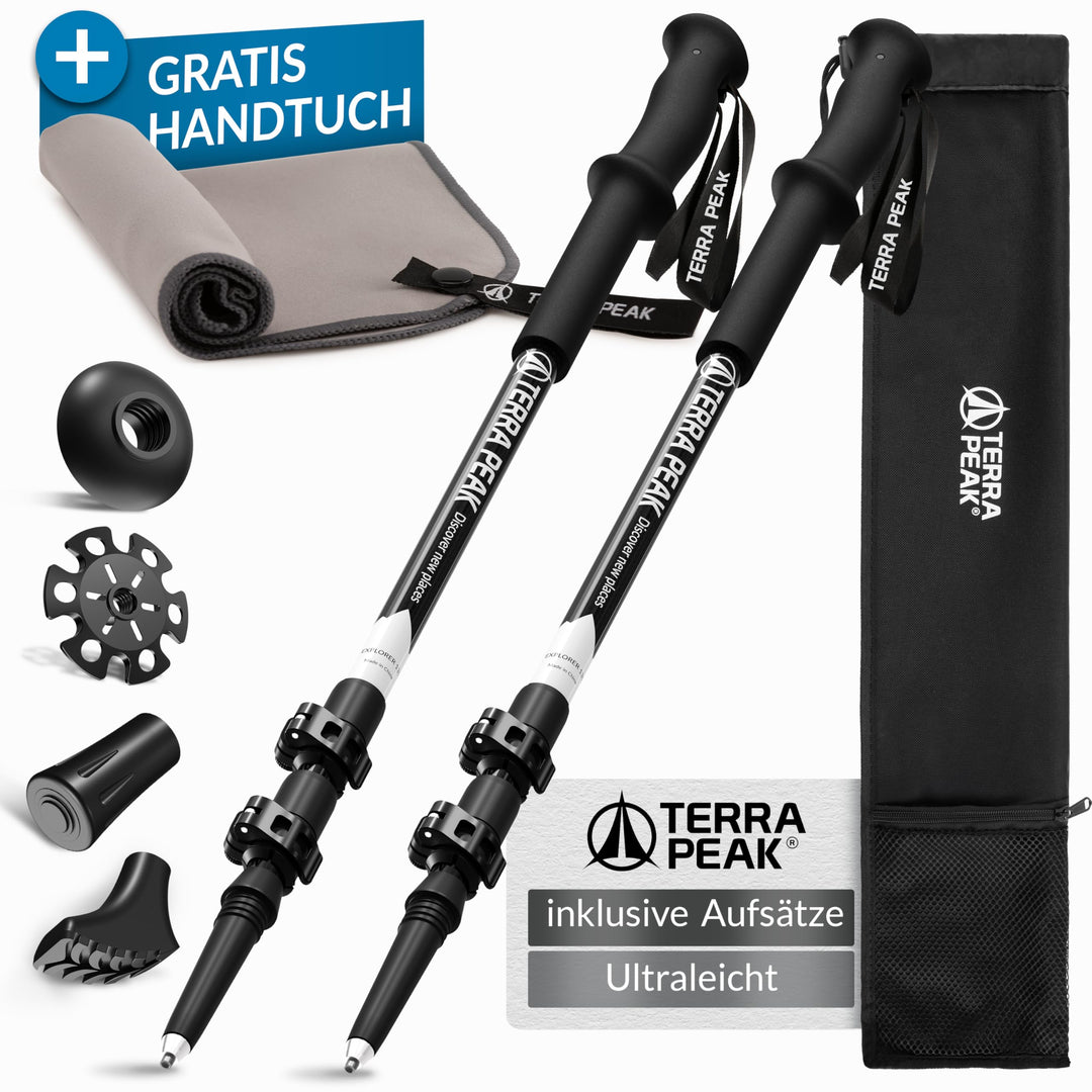 Terra Peak® Premium Wanderstöcke Teleskop ultra-leicht, ausziehbar aus Carbon o. Aluminium INKL. Mik