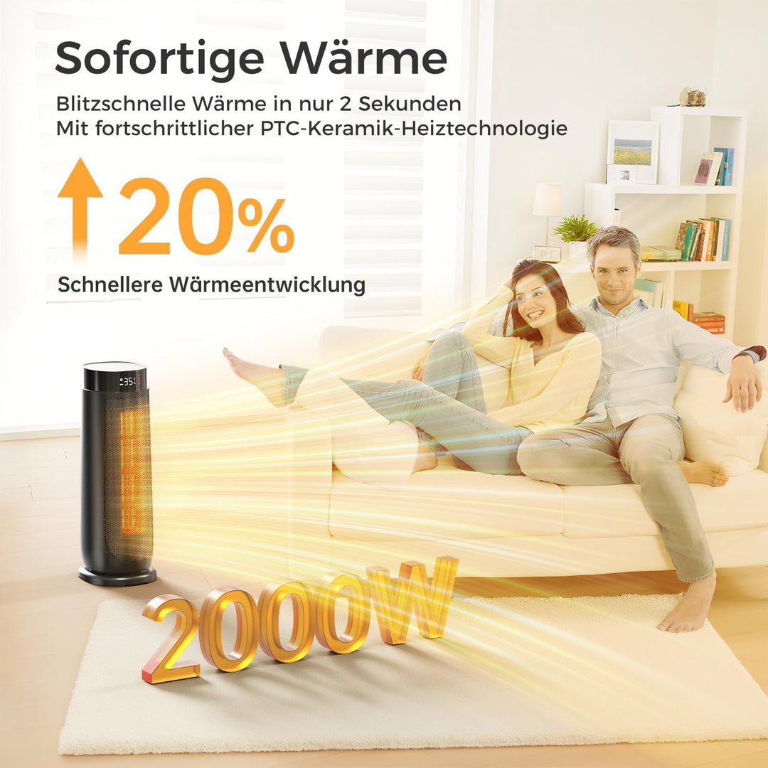 PTC Heizlüfter für Zuhause, Überhitzungs Kippschutz, Schwarz, 2000W | Thermostat, 90°-Oszillation fü
