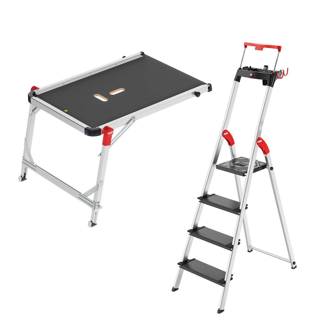 Hailo Stehleiter L100 Topline im Set mit TP1 Treppenpodest - klappbare Aluleiter mit 4 XXL-Sicherhei