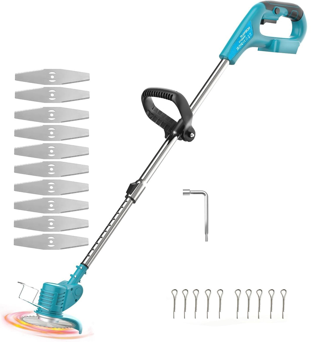 Akku Rasentrimmer, Ersatz für Makita 18V BL1830, inkl.10x Metallklinge &amp; 2X Kreissägeblätter, 90° Dr
