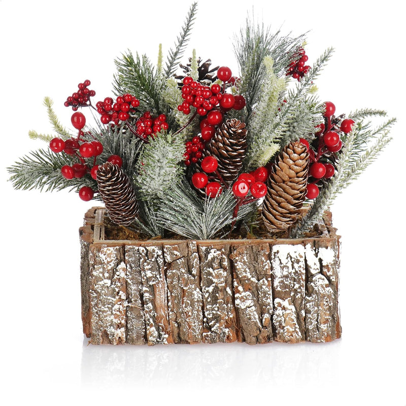 COM-FOUR® Deko-Gesteck Weihnachten - Kleiner winterlicher Tischschmuck im Rinden-Topf mit roten Beer