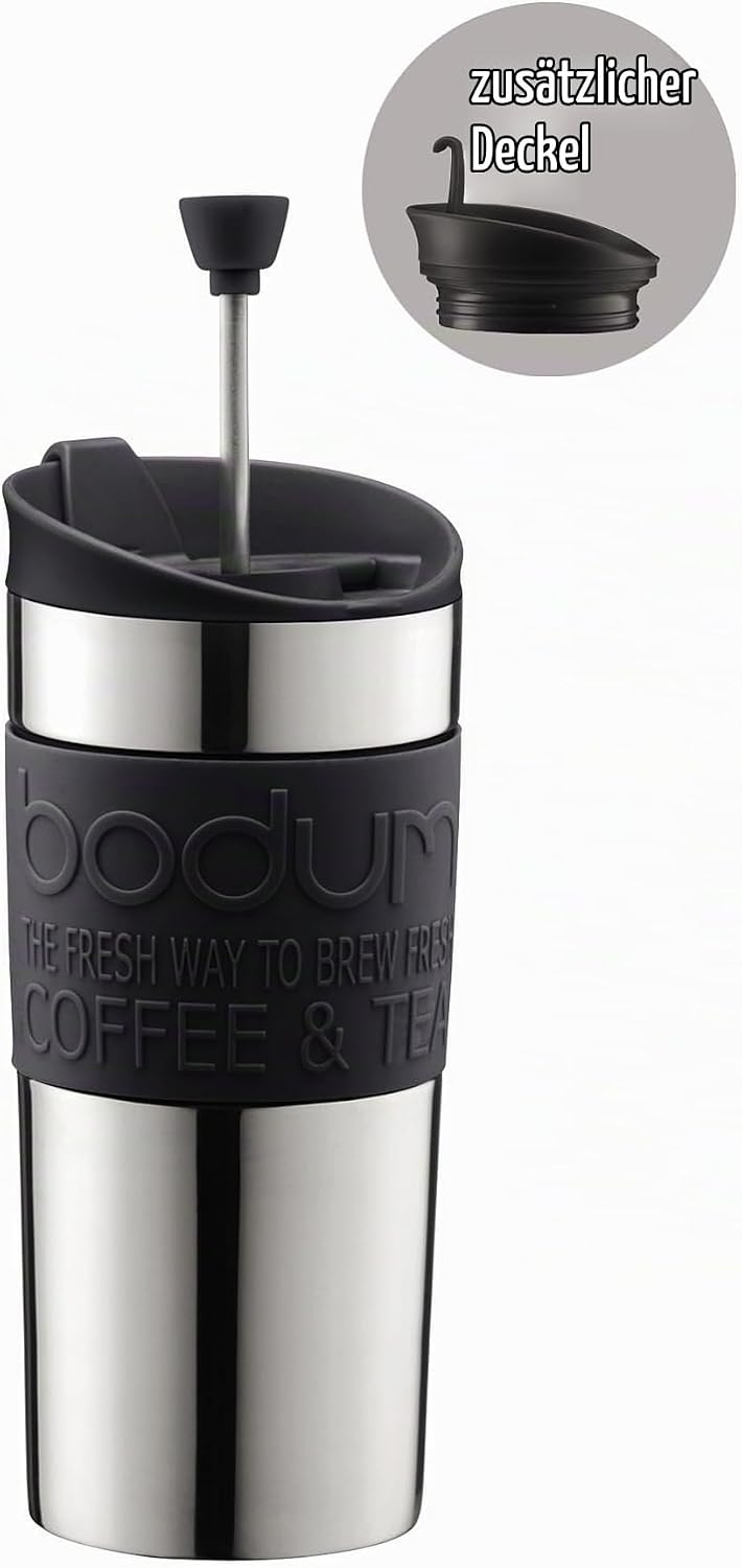 Bodum K11067-01 Travel Press Kaffeebereiter aus Edelstahl in schwarz mit Ersatzdeckel, 350 ml Schwar