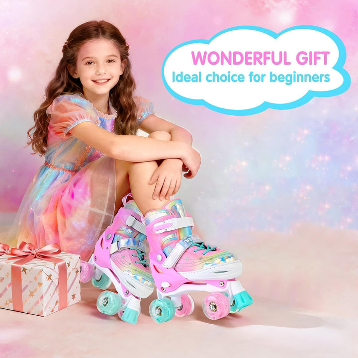 NEMONE Rollschuhe für Mädchen Kinder 4 Grössen Verstellbar Blau Violett Rollschuhe für Kinder Drinne