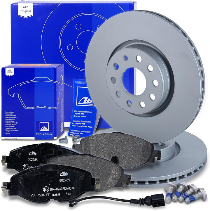 ATE Bremsenset Vorderachse inkl. Bremsscheiben vorne Ø 312 mm belüftet und Bremsbeläge vorne + Warnk