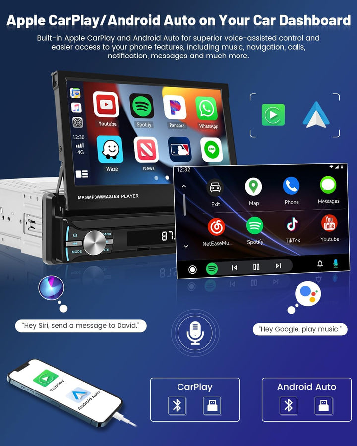Wireless Carplay Android Auto Autoradio 1Din mit Ausfahren Bildschirm 7 Zoll Touchscreen Auto Radio