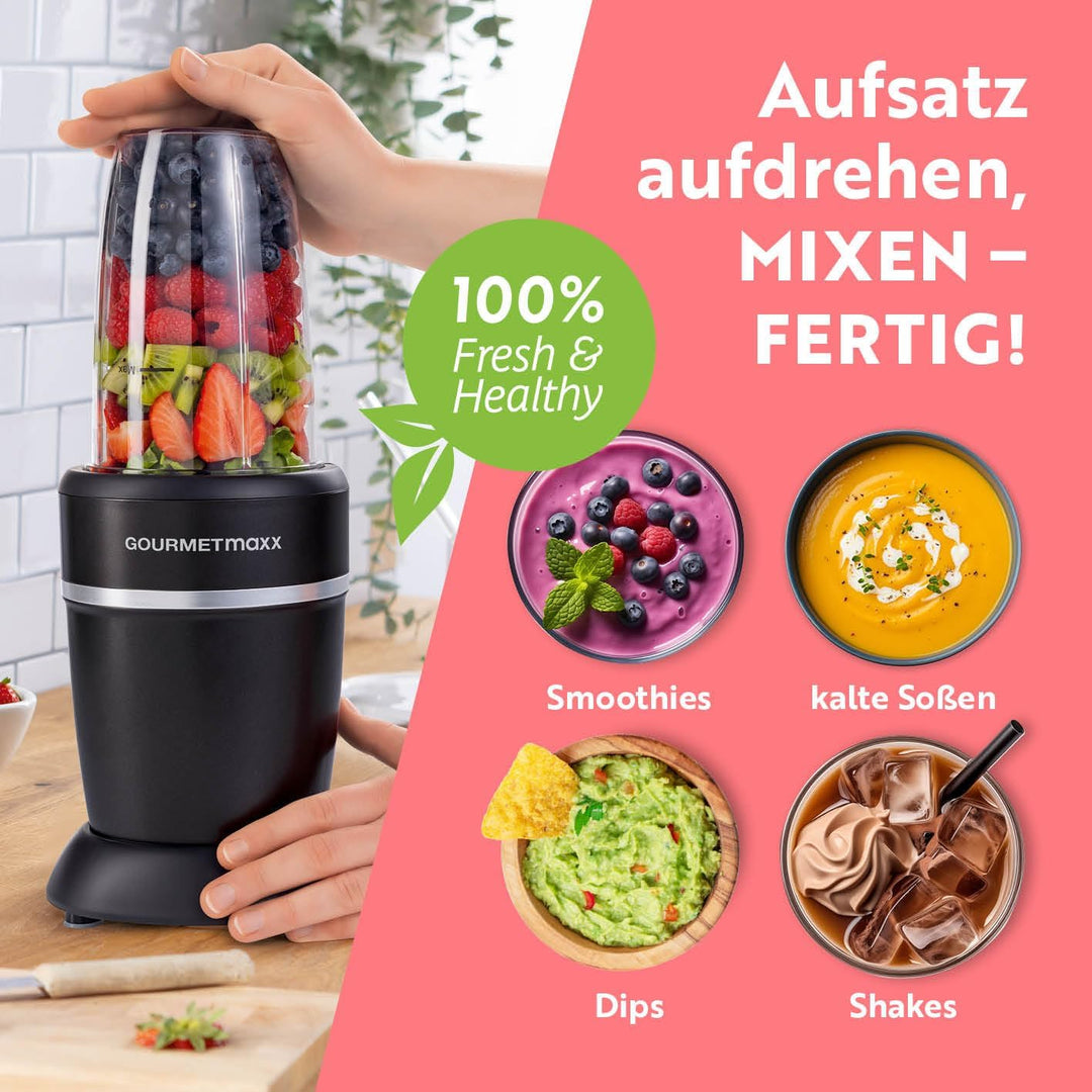 GOURMETmaxx Nutrition Mixer 1000 Watt | Smoothie Maker mit to go Deckel | Standmixer mit Mixbecher &