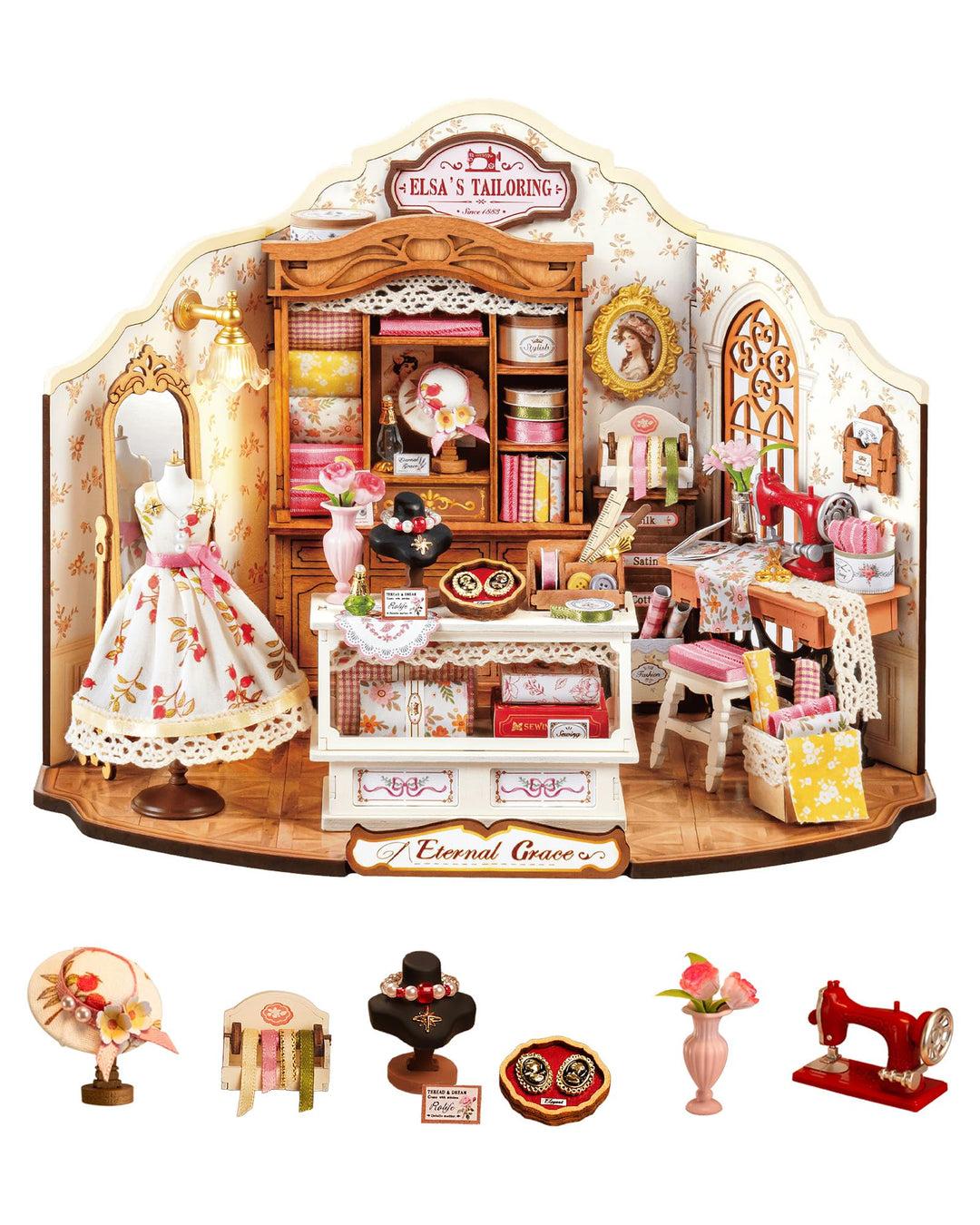 Rolife Puppenhaus ELSA’s Schneiderei DIY Miniaturhaus Bausatz aus Holz im Vintage Rustikal Stil Schn