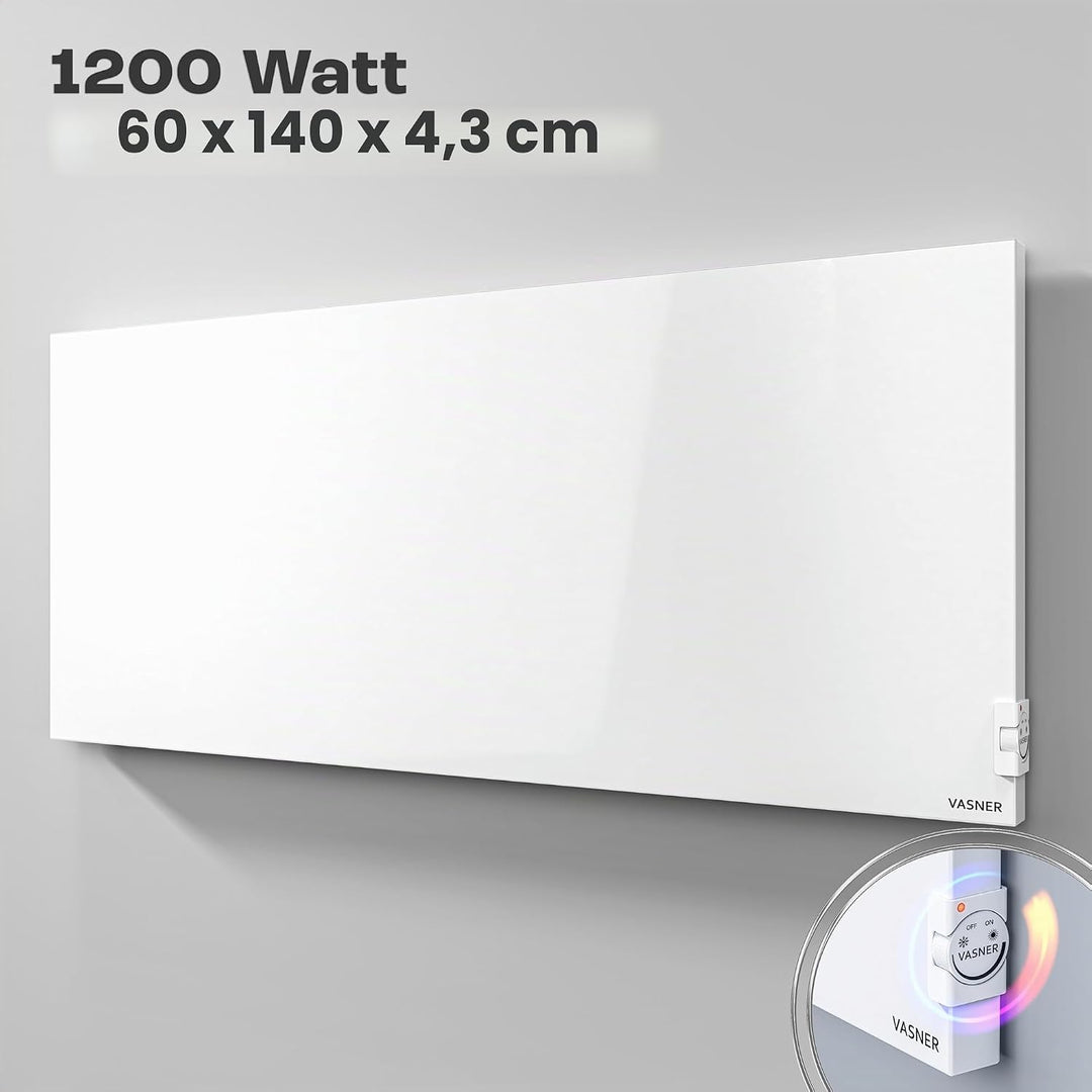 VASNER Konvi Infrarotheizung mit Thermostat – Hybrid Elektroheizung inkl. Wandmontage 600-1200 Watt