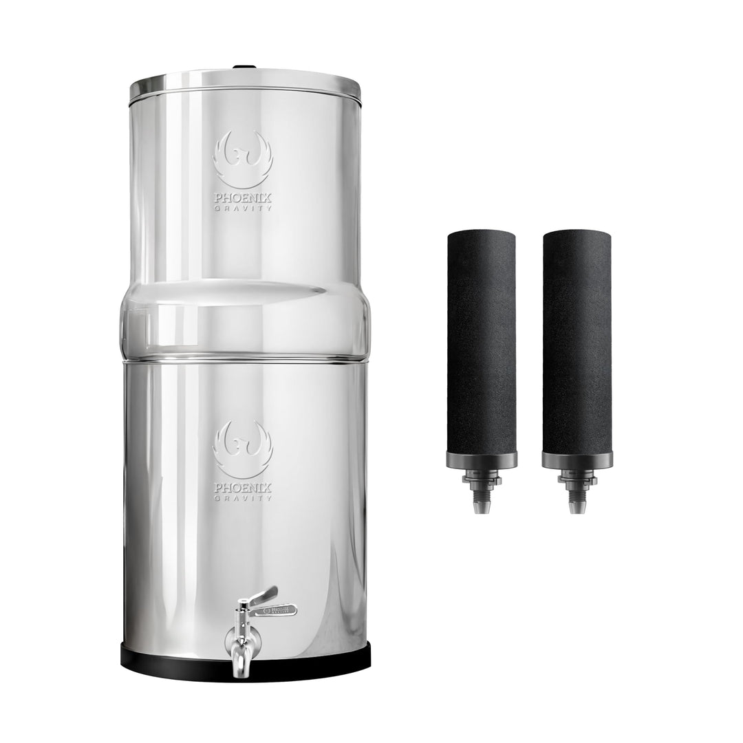 Phoenix Gravity 6 Liter Gravity Fed Edelstahl-Trinkwasserfilter mit 2 Phoenix-Kohlewasserfilterkartu
