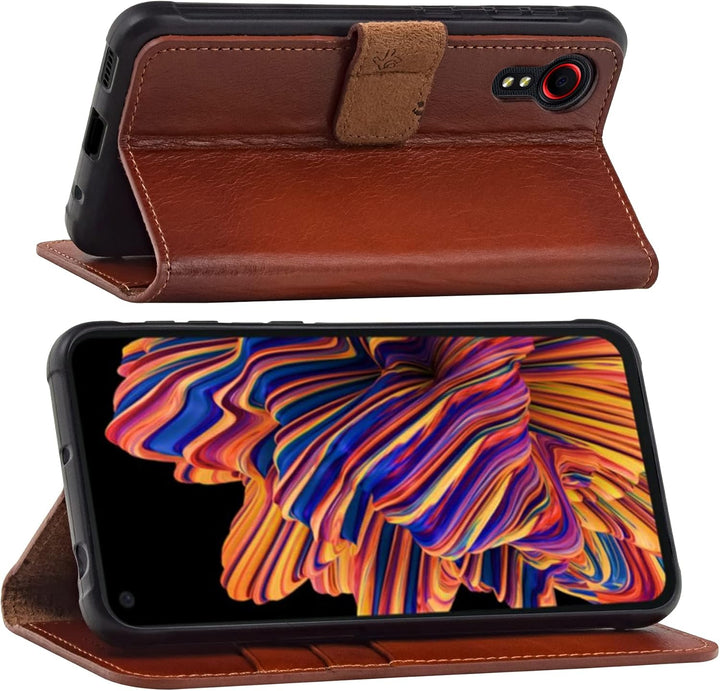 Suncase Book-Style Hülle kompatibel mit Samsung Galaxy Xcover 5 Leder Tasche (Slim-Fit) Lederhülle H