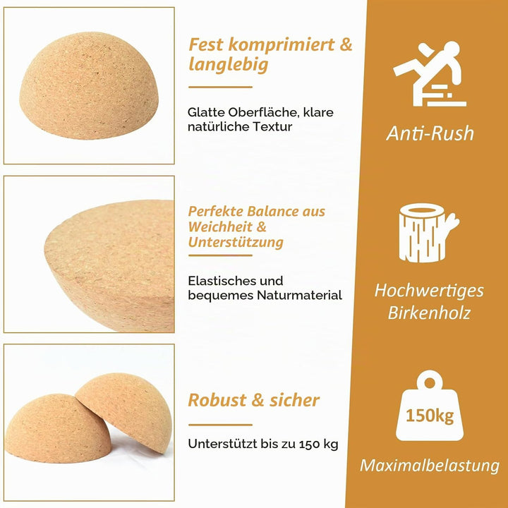 Balance Board Halbkugel aus massivem Kork Ø15cm, Höhe 7,5cm – Rutschfest, nachhaltig, ideal für Glei