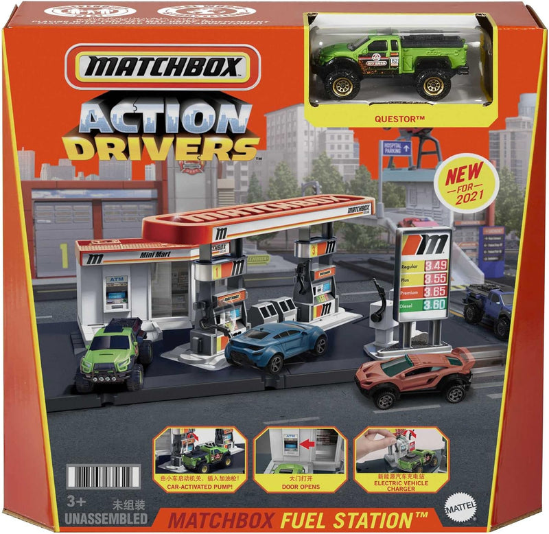 Matchbox GVY84 - Tankstellen Spielset mit 1 Fahrzeug im Massstab 1:64 und interaktiven Zapfsäulen, m