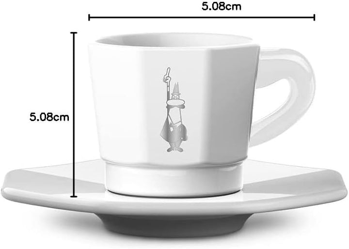 Bialetti Octagonal Cups, Set 4 Cups, White and Silver, 75 ml,
