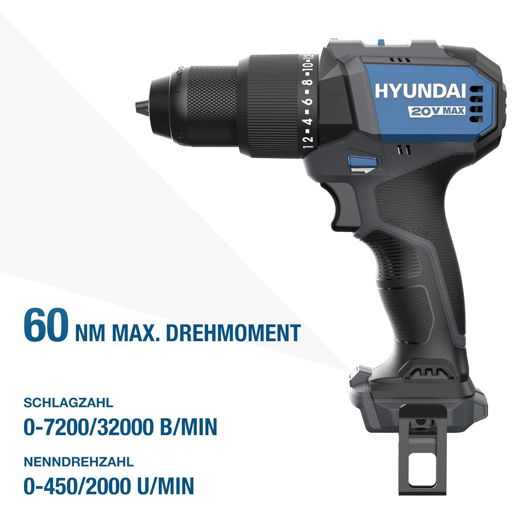 HYUNDAI Akku-Schlagbohrschrauber HD20X-60 | 20V, bürstenloser Motor, 60 Nm, 13mm Metallbohrfutter, 2