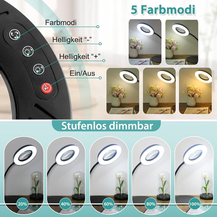 10X Lupe mit Licht und Ständer, 5 Farbmodi Dimmbar, Flexible Schwanenhals LED Schreibtischlampe Händ