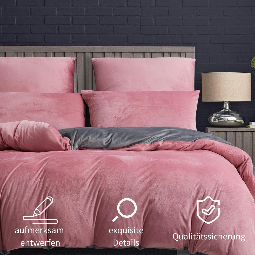 Boqingzhu Plüsch Bettwäsche 200×220cm Biber Rosa Altrosa Grau Flanell Winter Warm Kuschelig Flauschi