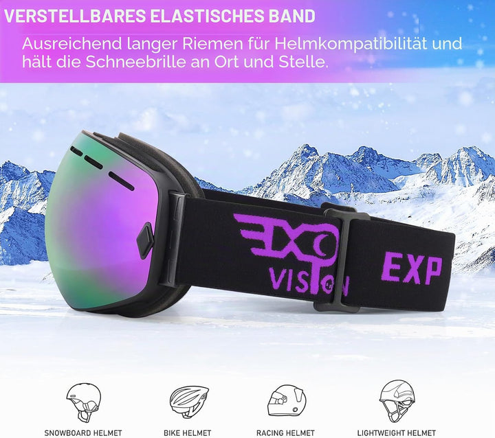EXP VISION Snowboard Skibrille für Herren Damen Jugend, 100% UV400 Schutz Anti Beschlag über der Bri
