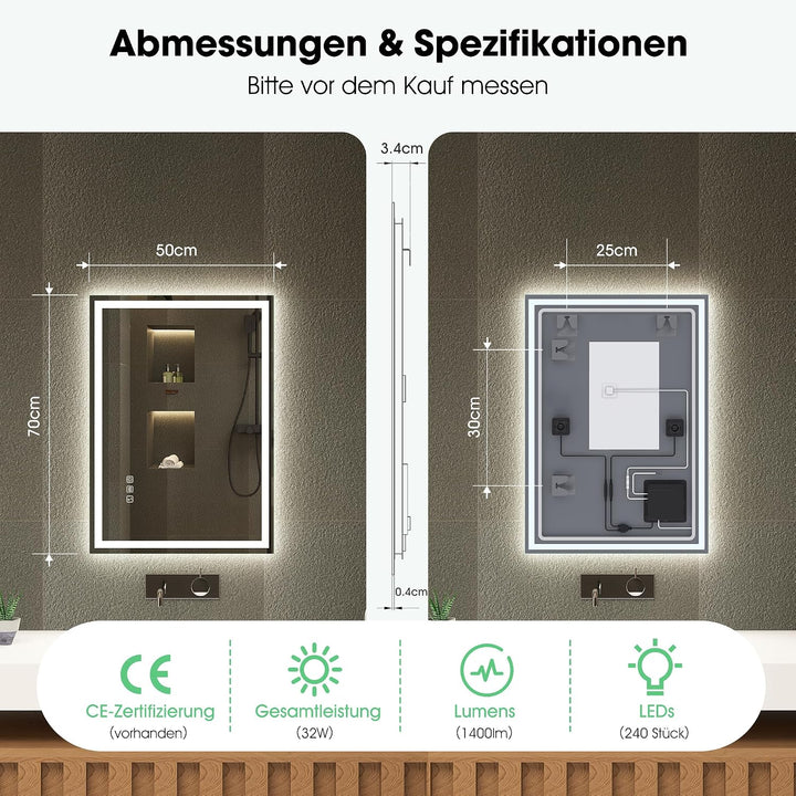 S'bagno Bluetooth-Badspiegel-mit-Beleuchtung-70x50cm, LED-Badezimmerspiegel mit Entfoggen, 3000K-650