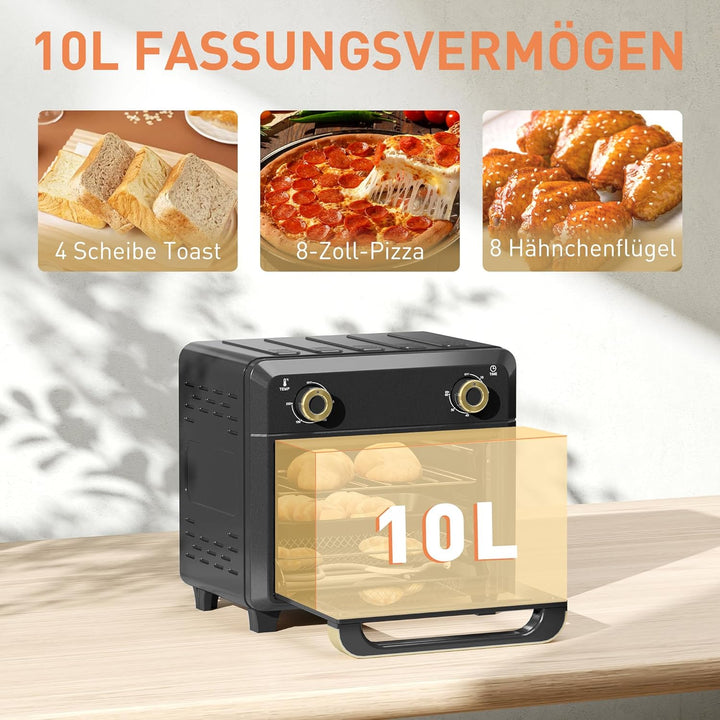HOMCOM Minibackofen mit Umluft, 10L Heissluftfritteuse, Backofen Klein mit 60-Min-Timer und Innenbel