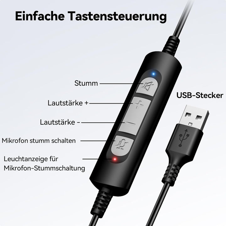 Voistek USB Headset mit Mikrofon für PC Laptop, Typ-C/USB-A, Wired Kopfhörer mit Geräuschunterdrücku