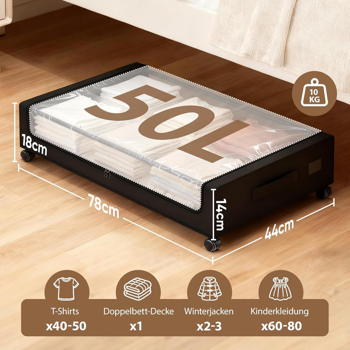 Sekey 2 Stück 50L Unterbett-Aufbewahrungsbox mit Rollen, Kleiderschrank Organizer Aufbewahrungstasch