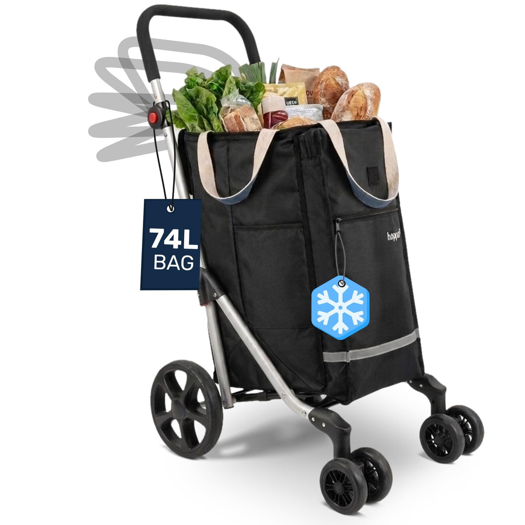 Hoppa – Einkaufstrolley | Grosser 74L klappbarer Einkaufswagen | Leichter 6-Räder-Trolley mit 5 Tasc