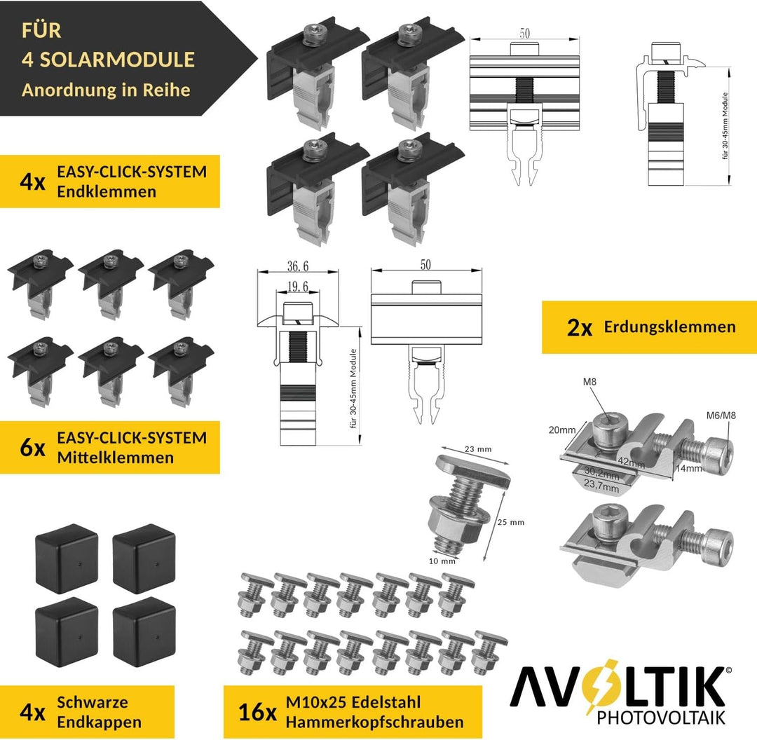 Avoltik Solar Halterung Ziegeldach I Set für 4 PV Module 30-45mm I Solarmodul Halterung Balkonkraftw