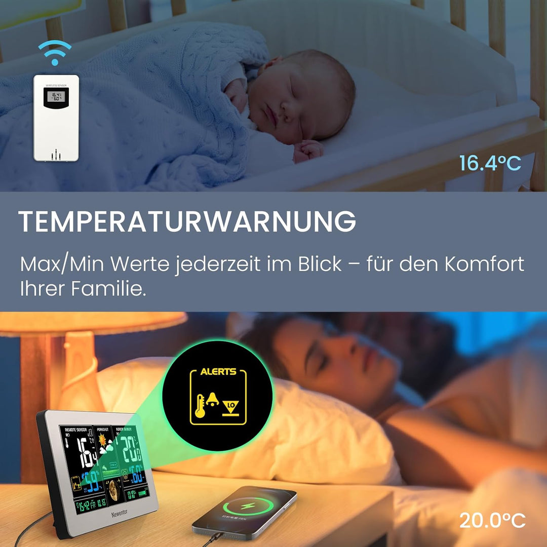 Newentor Wetterstation Funk mit Aussensensor - Funkwetterstation mit Wettervorhersage, Temperaturwar
