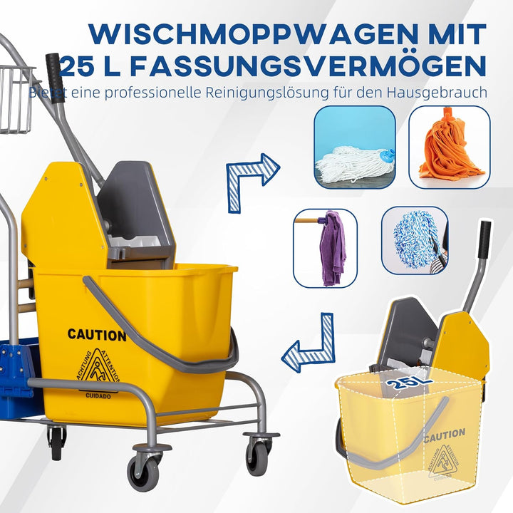 HOMCOM Putzwagen Reinigungswagen Fahreimer Putzeimer 25 Liter Wischwagen mit Wringer, Haken für Mopp