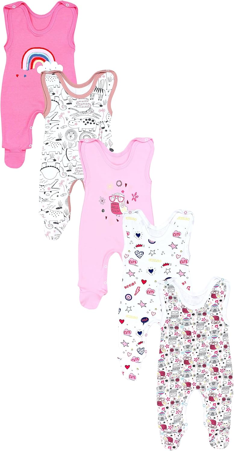 TupTam Baby Unisex Strampler mit Aufdruck Spruch 5er Pack 56 Eule Comic Safaritiere Rosa, 56 Eule Co