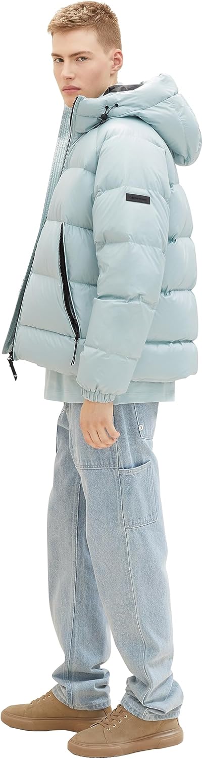 Tom Tailor Denim Herren Relaxed Fit Recycled Down Puffer-Jacke mit Kapuze L 30463-dusty Mint Blue, L