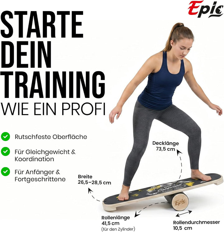 Balance Board mit Rolle – Balance-Trainer aus Holz für Fitness, Tennis, Leichtathletik sowie Surf- &amp;