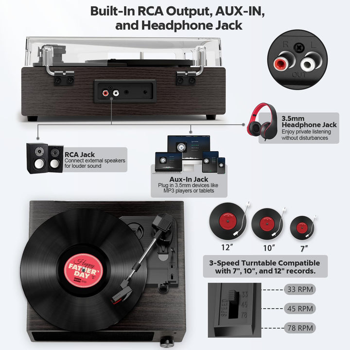 FYDEE Plattenspieler, Bluetooth 5.4 Schallplattenspieler mit Einstellbarer Auflagekraft, 2x3W Stereo
