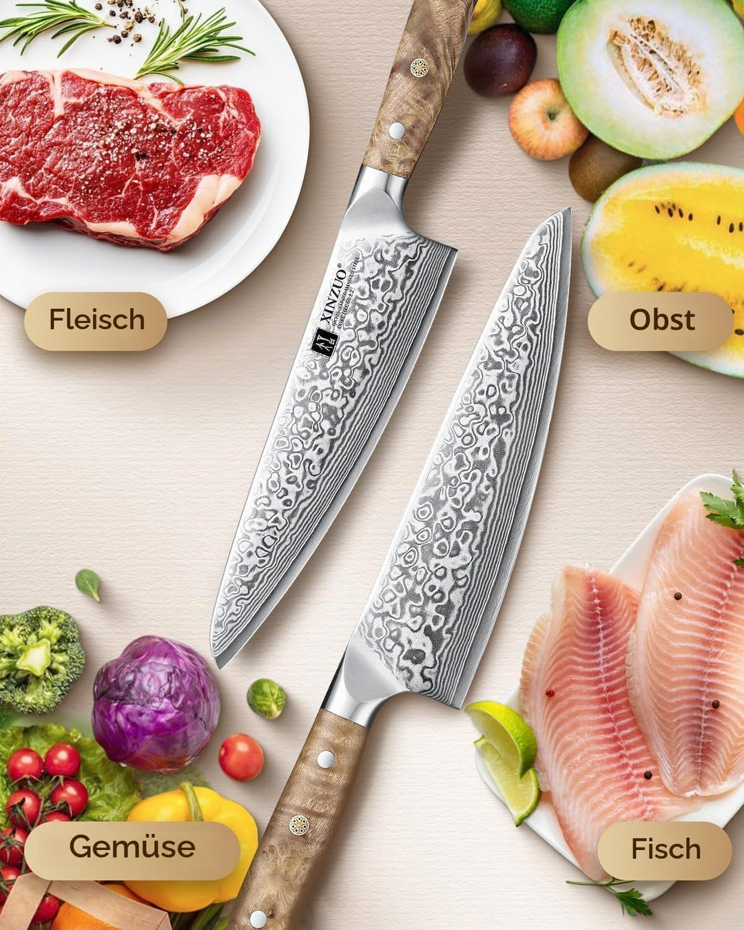 XINZUO 21cm Kochmesser 67 Schichten Damaststahl Profi Küchenmesser -Scharfe Klinge Damaszener Stahl
