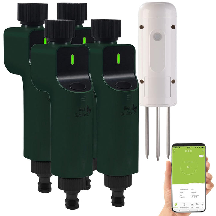 Luminea Home Control ZigBee-Bodentester: 4X ZigBee-Bewässerungscomputer + 1x Boden-Feuchte- & Temper