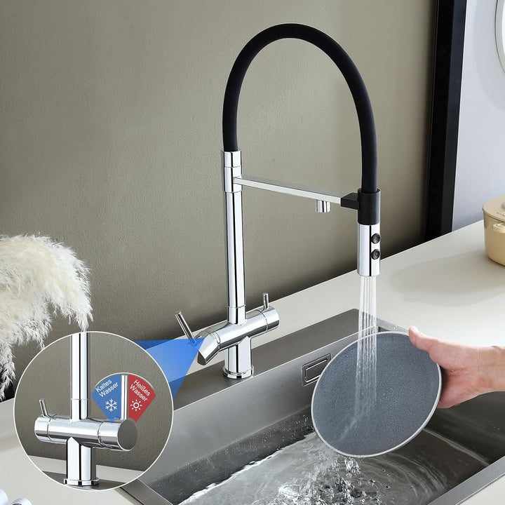 KEOKBON 3 Wege Wasserhahn, 360° Drehbar Küchenarmatur mit 2 Funktion Brause, 3 in 1 Mischbatterie Tr