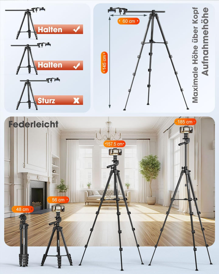 CAMBOFOTO 185 cm Horizontal Stativ für iPhone/Kamera,Overhead Stativ Handy Flexibel,Handystativ für