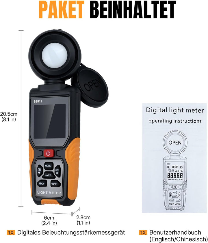 Mcbazel Digitales Luxmeter, Hochpräziser Belichtungsmesser Tragbare Photometer 200.000 Lux/FC mit 27