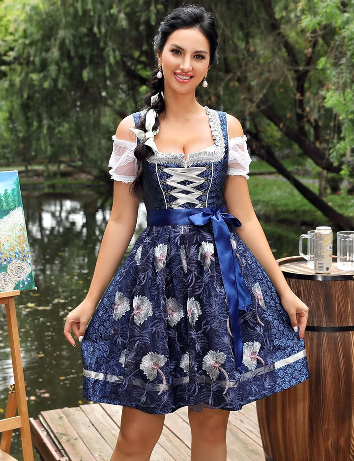 Clearlove Damen Dirndl midi 3tlg.Trachtenkleid für Oktoberfest,Karneval,DREI Teilig: Kleid, Bluse, S