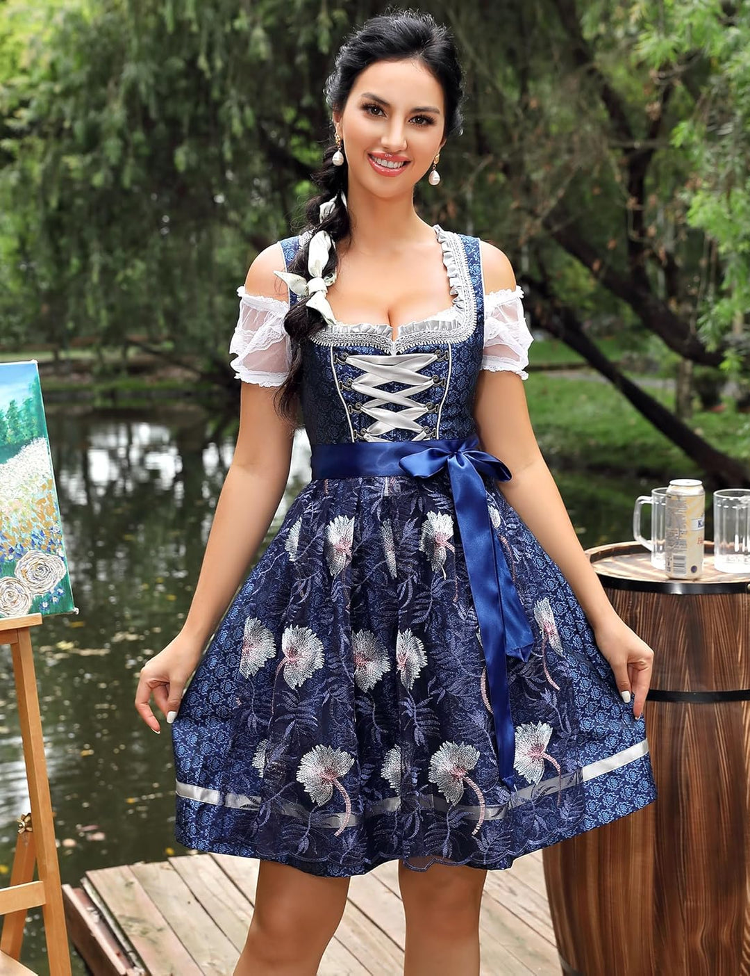 Clearlove Damen Dirndl midi 3tlg.Trachtenkleid für Oktoberfest,Karneval,DREI Teilig: Kleid, Bluse, S